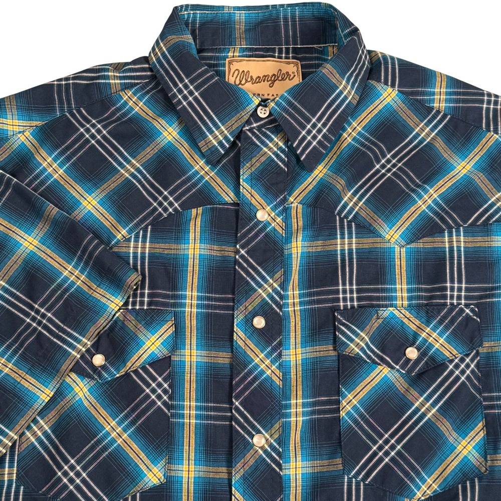 Wrangler Western Pearl Snap Short Sleeve‎ Shirt Blue Plaid Flap Pockets Mens L